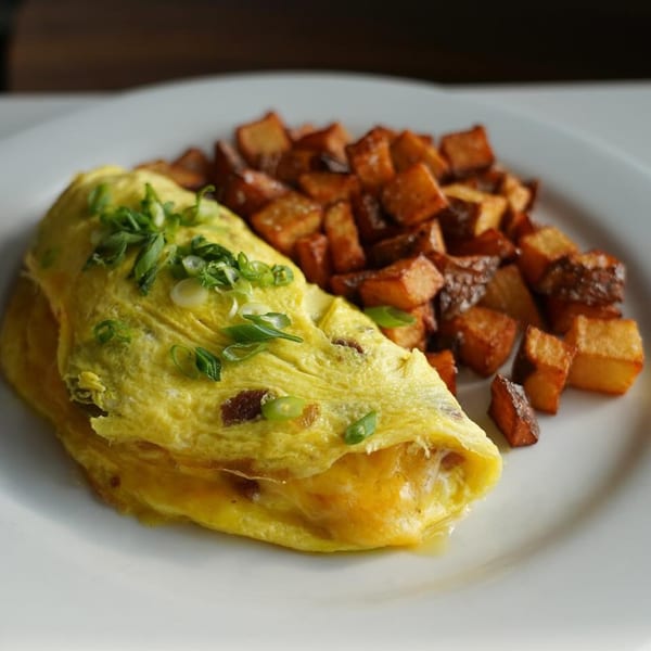 A fluffy omelet topped with green onions and bacon bits, served with a side of crispy home fries.